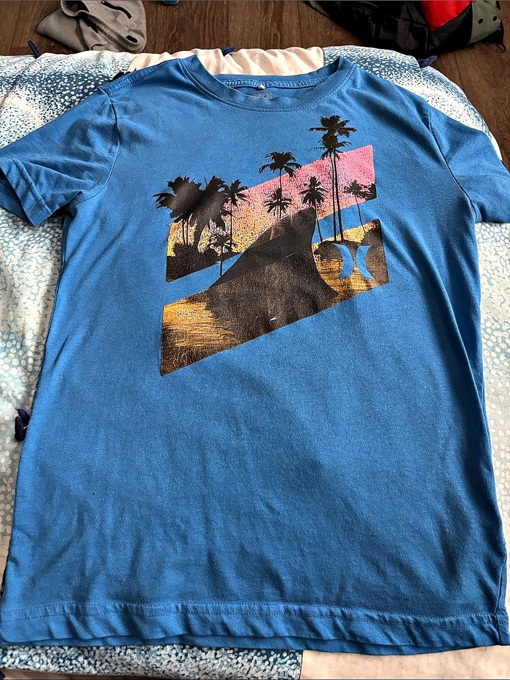 Hurley Shark Palm Tree Sunset Graphic Tee Blue & Pink